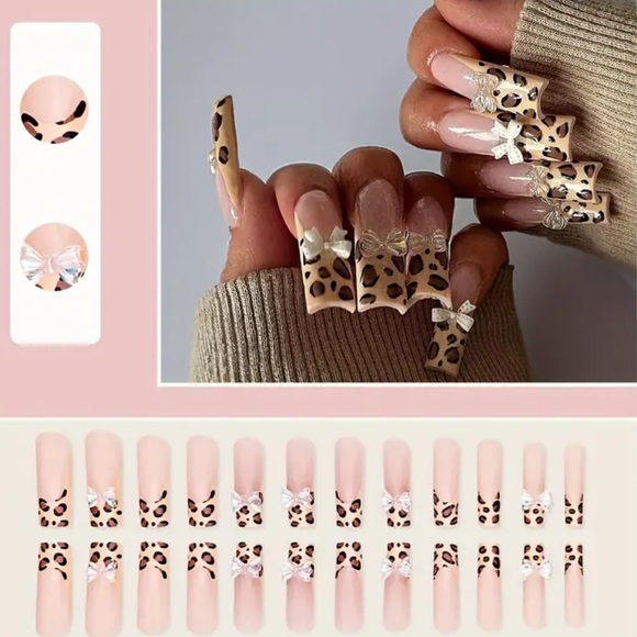 24PCS XL Leopard 🐆 Print 3D White Bowknot 🎀 acrylic press on nails - Picture 2 of 3